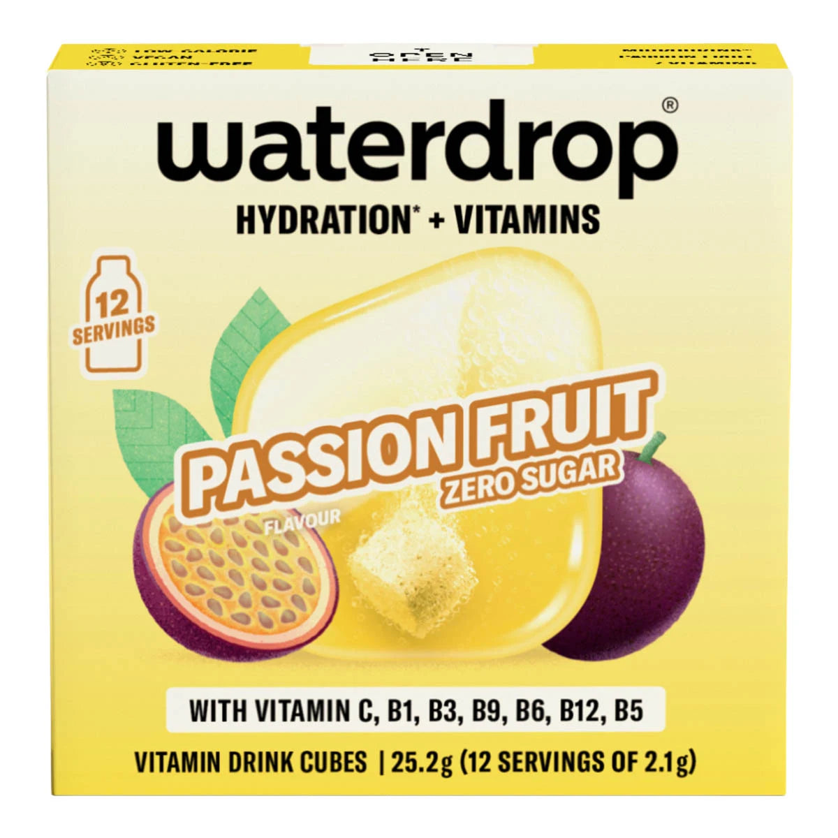 Waterdrop Hydration + Vitamins Passion Fruit Zero Sugar vitamin drink cubes box, featuring yellow and purple fruit illustrations on a pale yellow background.
