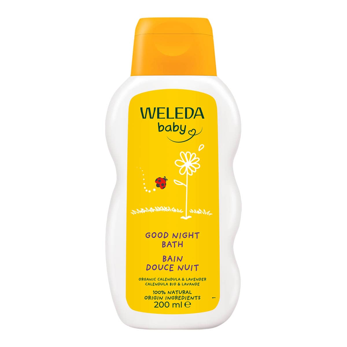 Weleda Baby Goodnight Bath in a 200ml bottle with yellow label on a white background. 100% natural origin ingredients.