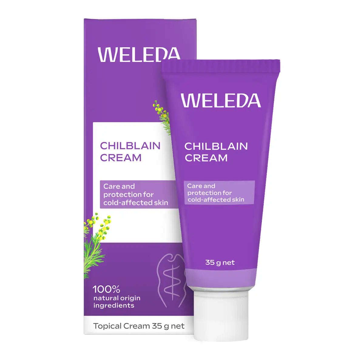 A purple tube of Chilblain Cream with a white cap stands in front of its matching purple and white retail box on a plain white background.