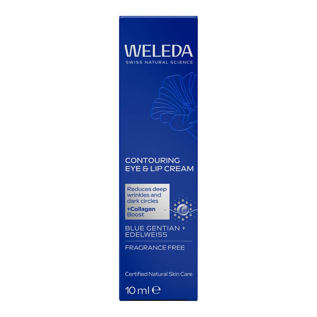 Blue box packaging of Weleda Contouring Eye & Lip Cream Blue Gentian + Edelweiss. Reduces deep wrinkles and dark circles + collagen boost. Fragrance free.