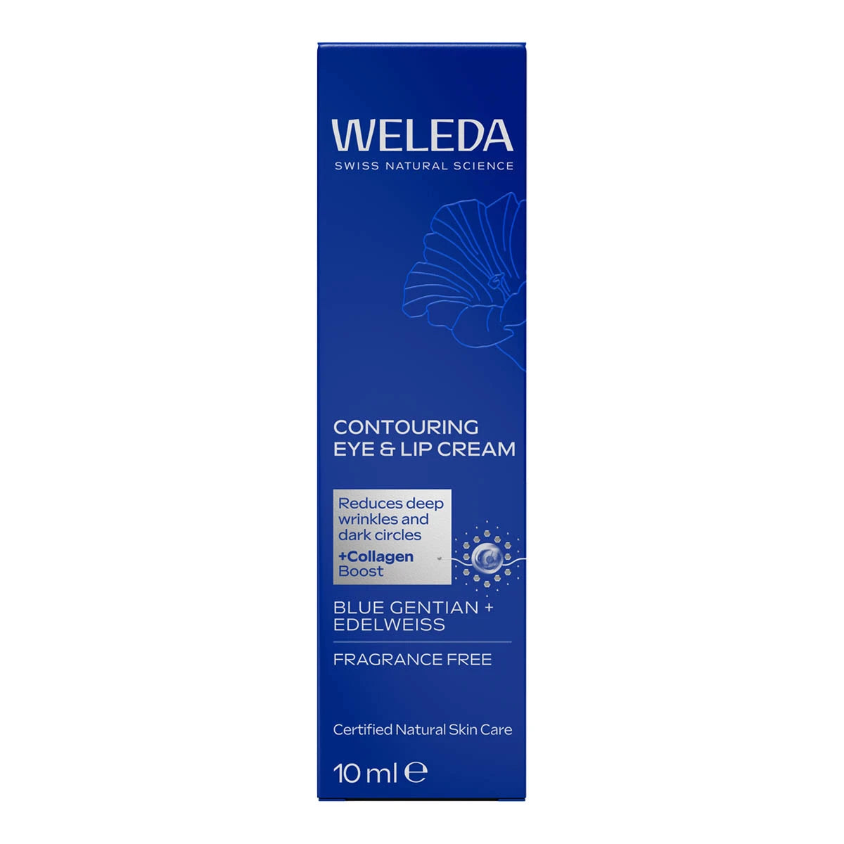 Blue box packaging of Weleda Contouring Eye & Lip Cream Blue Gentian + Edelweiss. Reduces deep wrinkles and dark circles + collagen boost. Fragrance free.