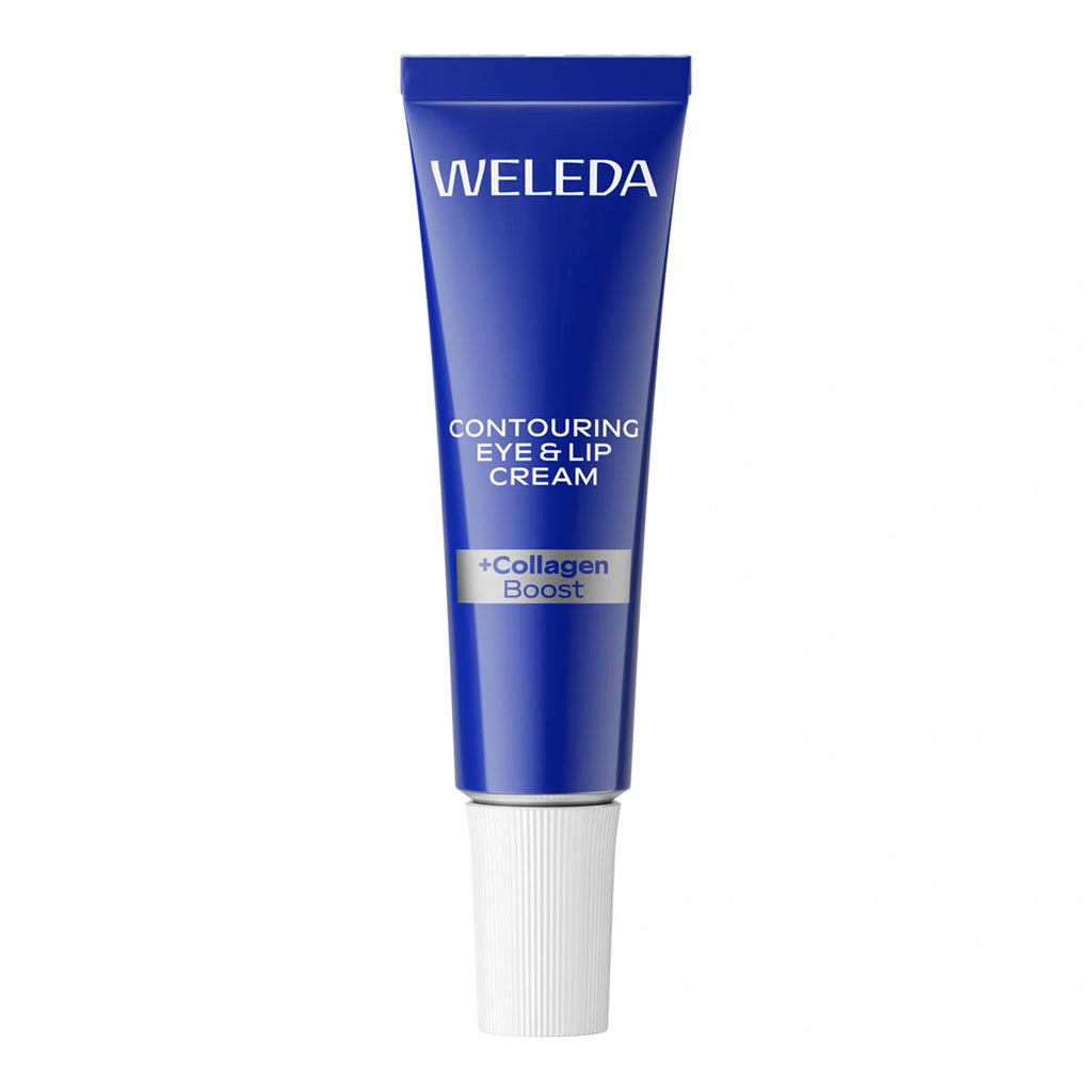 Weelda Contouring Eye & Lip Cream in a blue 10ml aluminium tube with a white twist cap.