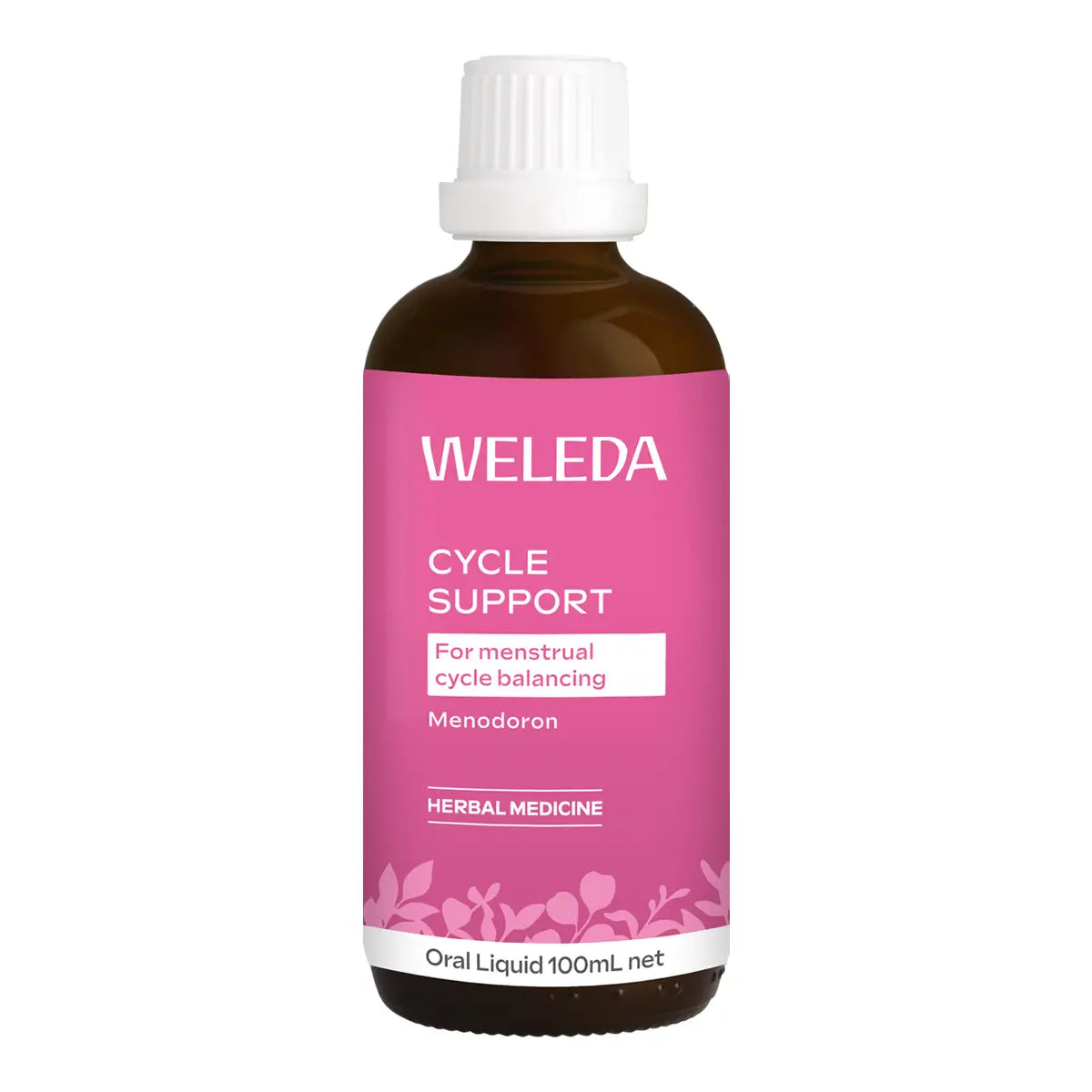 A 100ml amber glass bottle of Weleda Cycle Support oral liquid with a white cap and a pink label.