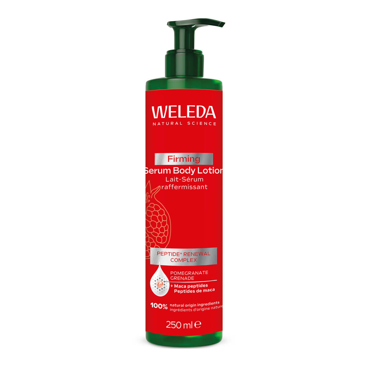 Weleda Firming Serum Body Lotion bottle on a white background. Peptide renewal complex, pomegranate grenade.