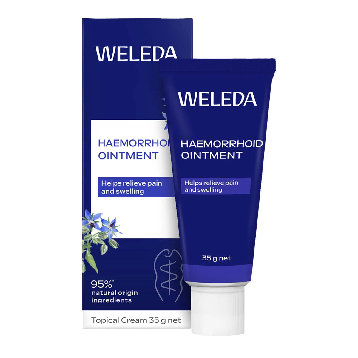 Weleda Haemorrhoid Ointment box and 35g tube in dark blue packaging. Helps relieve pain and swelling.