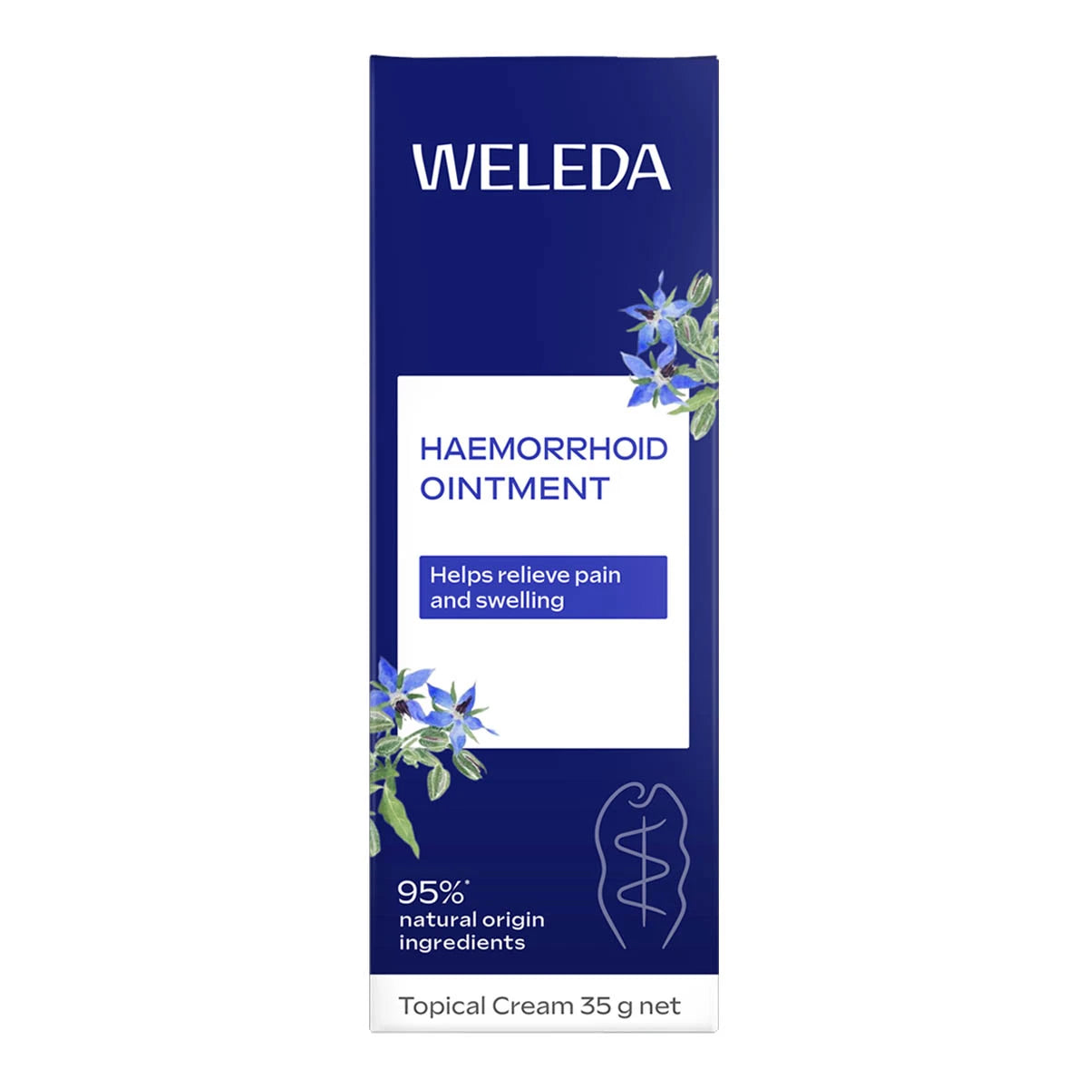 Weleda Haemorrhoid Ointment box packaging. 95% natural origin ingredients.