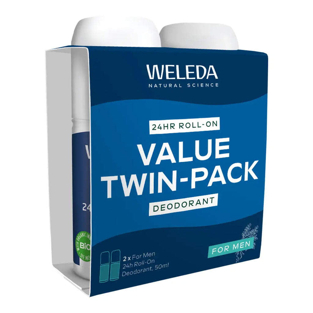 Weleda Men 24h Roll-On Deodorant value twin-pack: blue carton shown at an angle so the side of the box is visible, on a white background