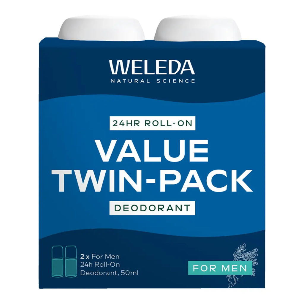 Weleda Men 24h Roll-On Deodorant value twin-pack: front of the blue carton, with the two roll-on tops showing above it, on white