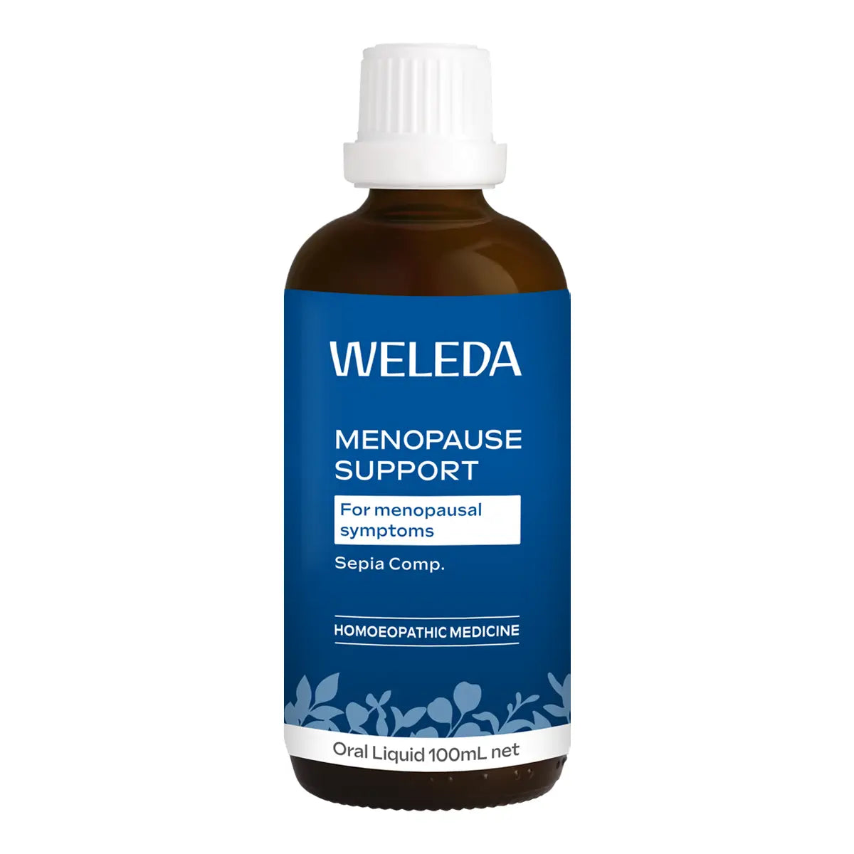 A 100ml amber glass bottle of Weleda Menopause Support oral liquid with a white cap and a blue label.