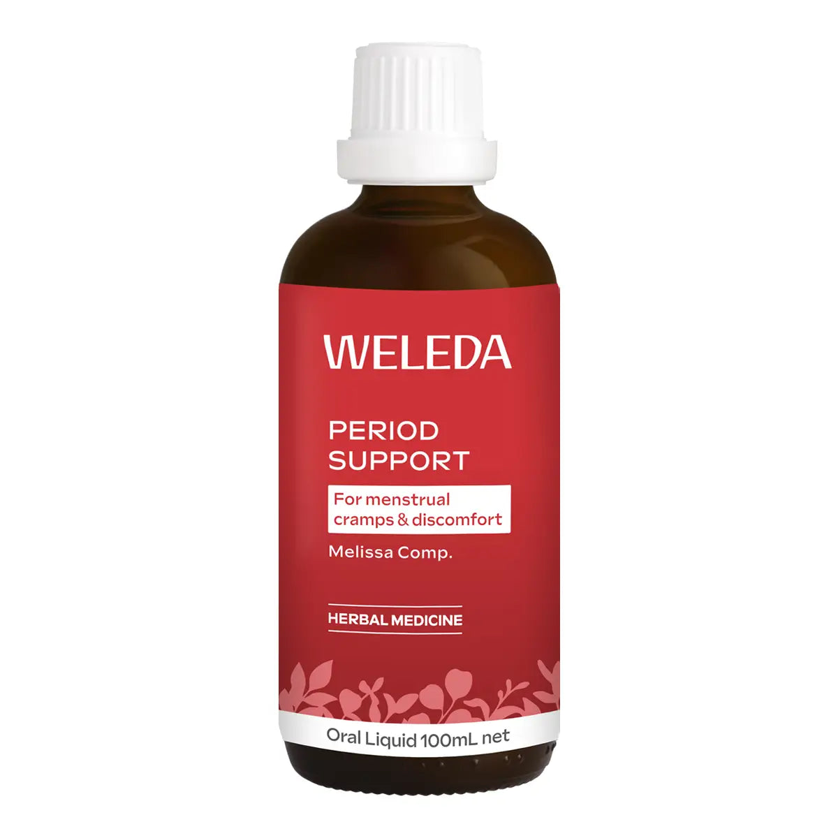 A 100ml amber glass bottle of Weleda Period Support herbal medicine with a white cap and a red label.