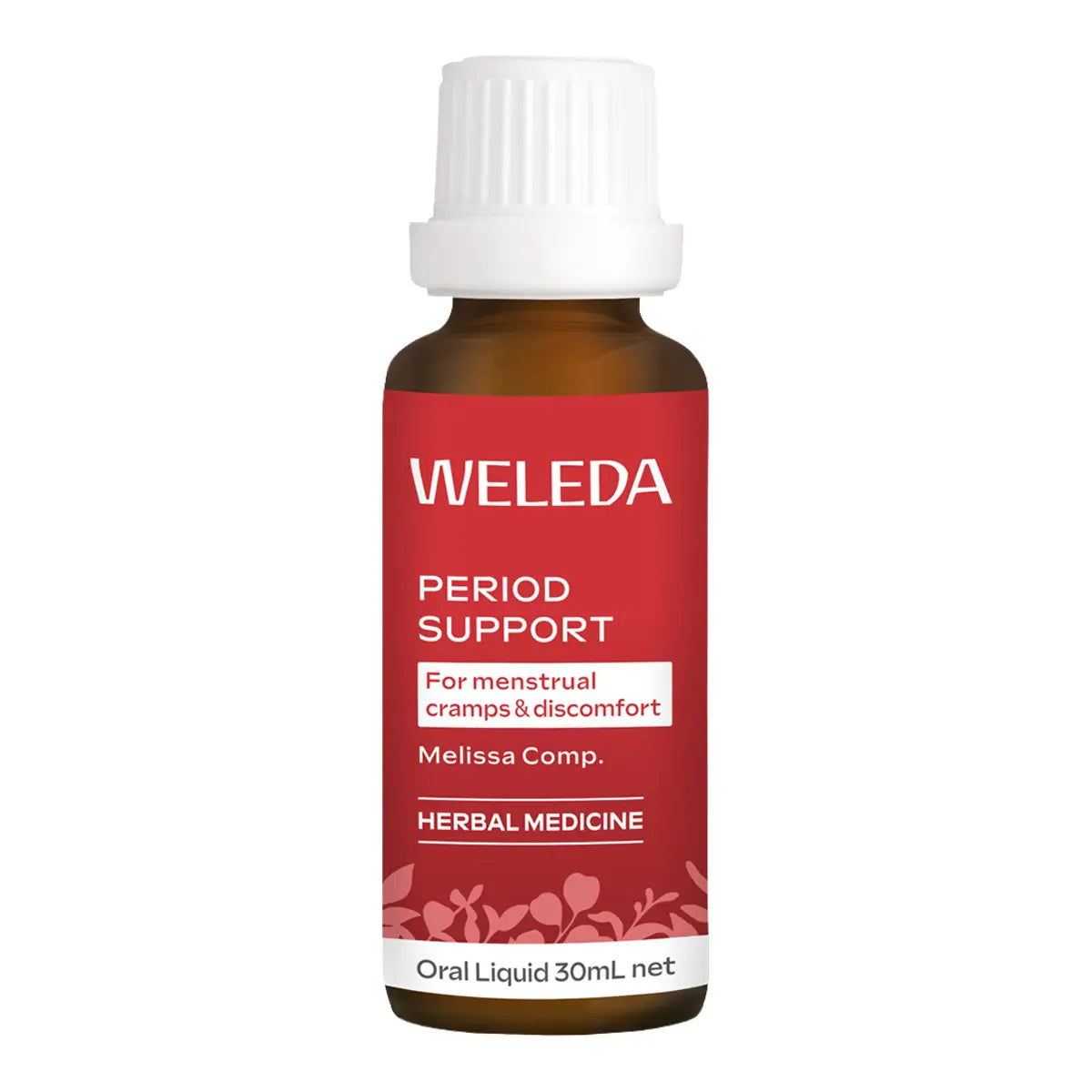 A 30ml amber glass bottle of Weleda Period Support herbal medicine with a white cap and a red label.