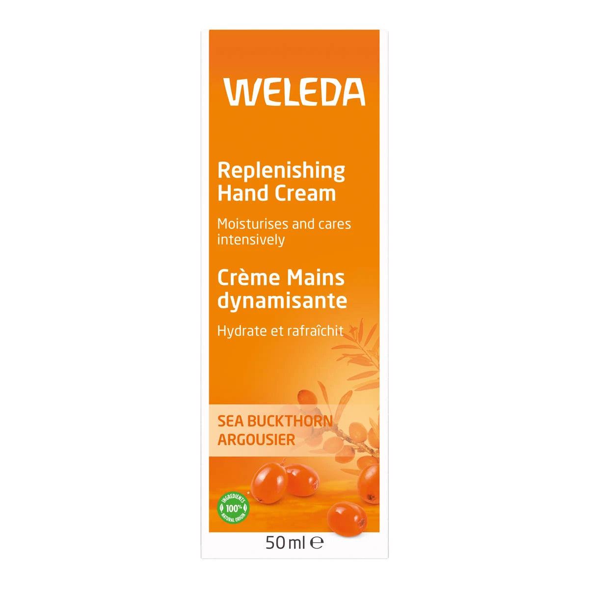 A 50 ml tube of Weleda Replenishing Hand Cream, Sea Buckthorn Argousier, featuring a bright orange and orange-yellow design with white text and illustrations of sea buckthorn berries.
