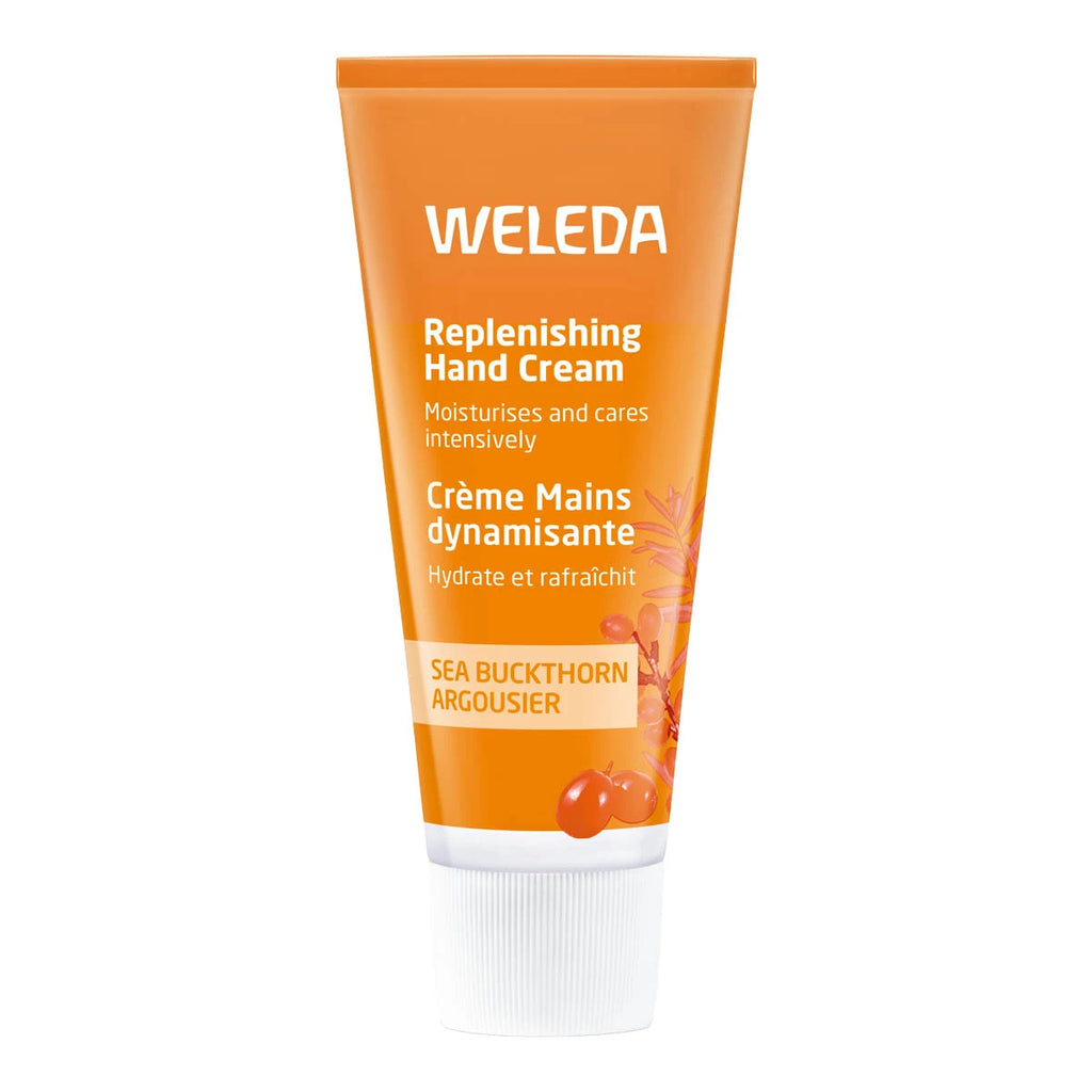 Weleda Replenishing Hand Cream - 50ml orange tube on a white background.