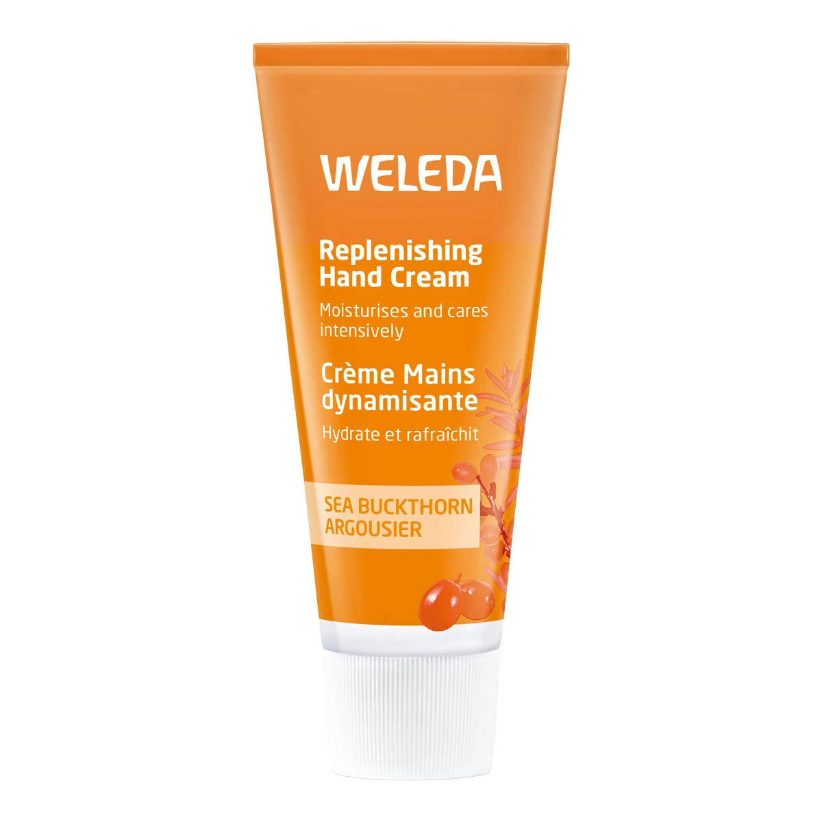 Weleda Replenishing Hand Cream - 50ml orange tube on a white background.