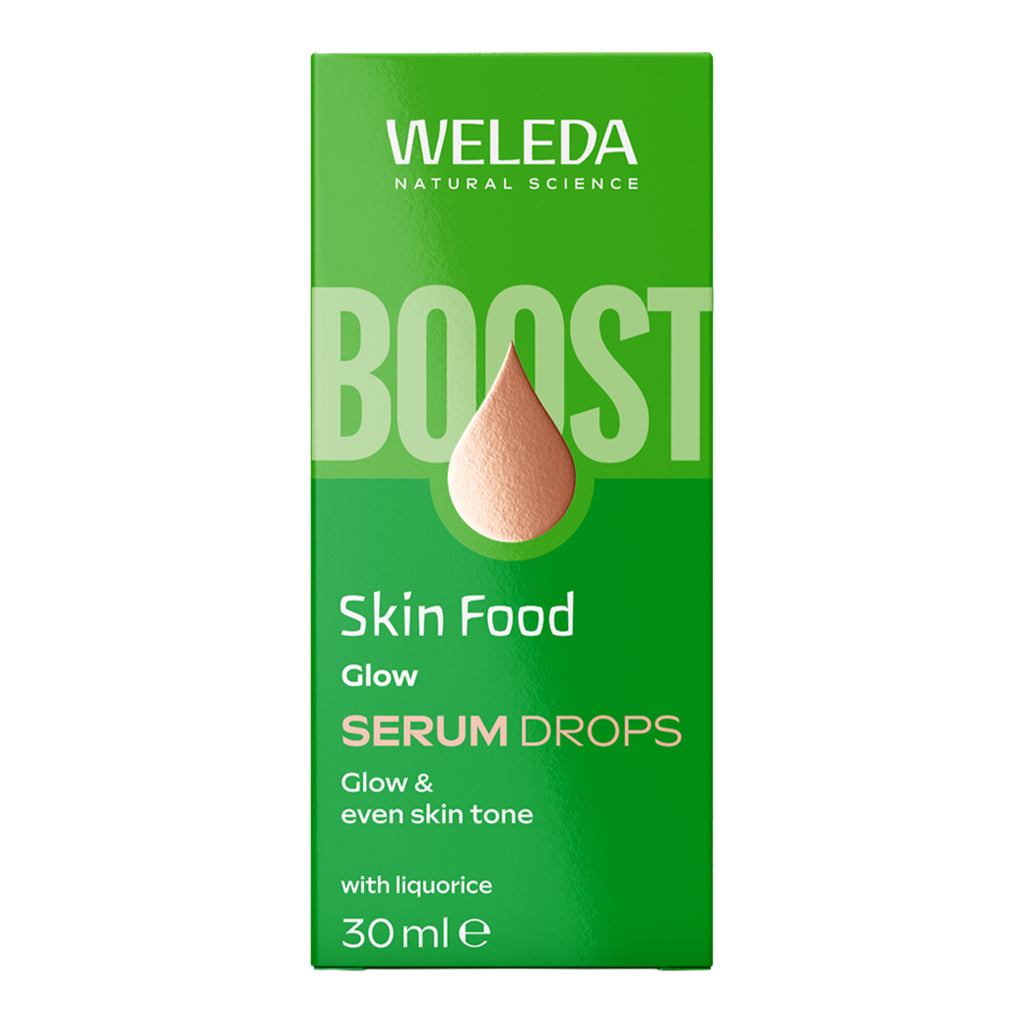 Weleda Skin Food Serum Drops packaging on a white background.