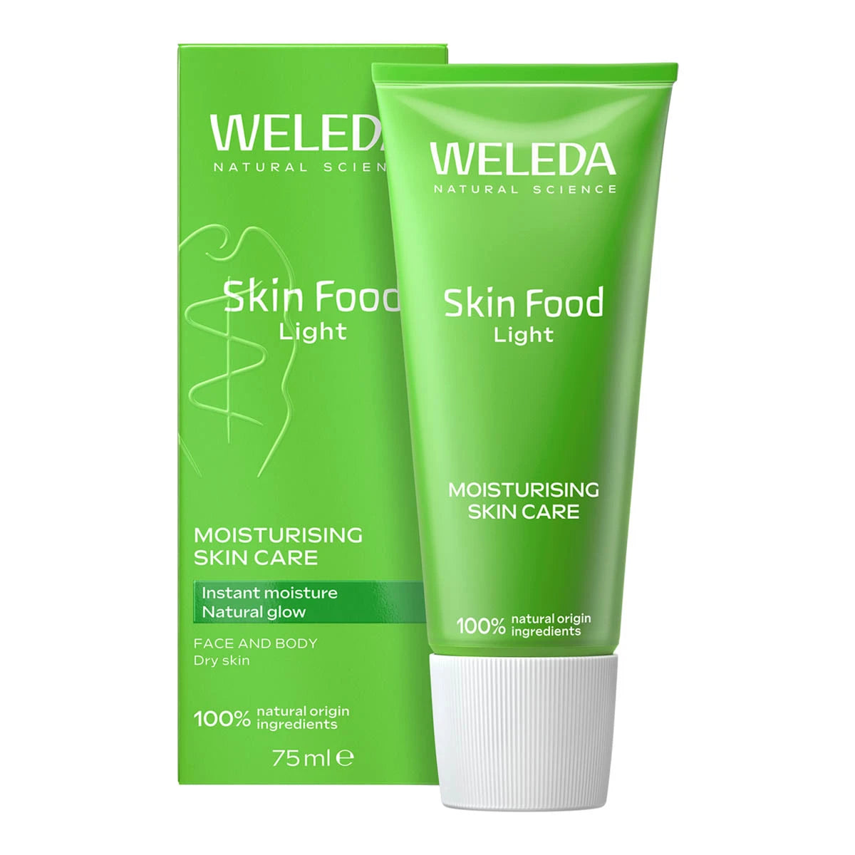 Weleda Skin Food Light with box & tube packaging. Moisturising skin care. Instant moisture, natural glow. For face and body.