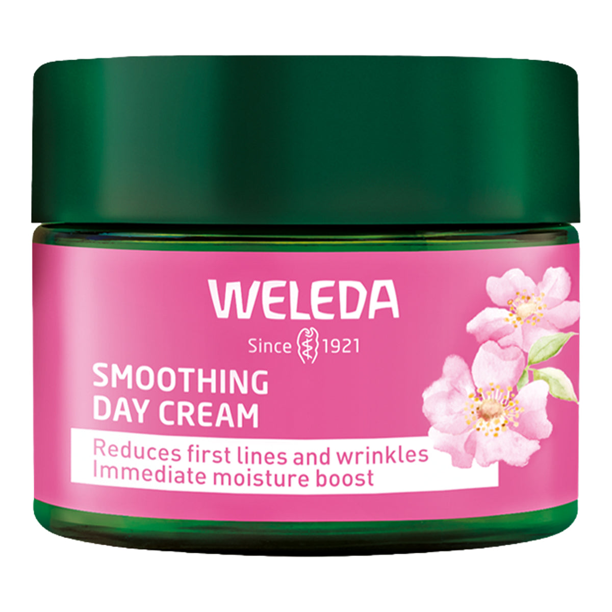 Weleda smoothing day cream jar with pink label and green lid on a white background.