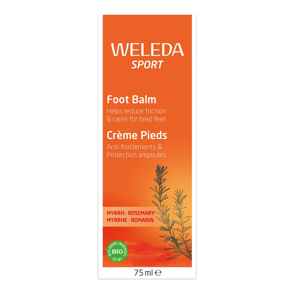 Weleda Sport Foot Balm 75ml orange outer carton with a rosemary illustration and the Weleda Sport logo on the front of the box