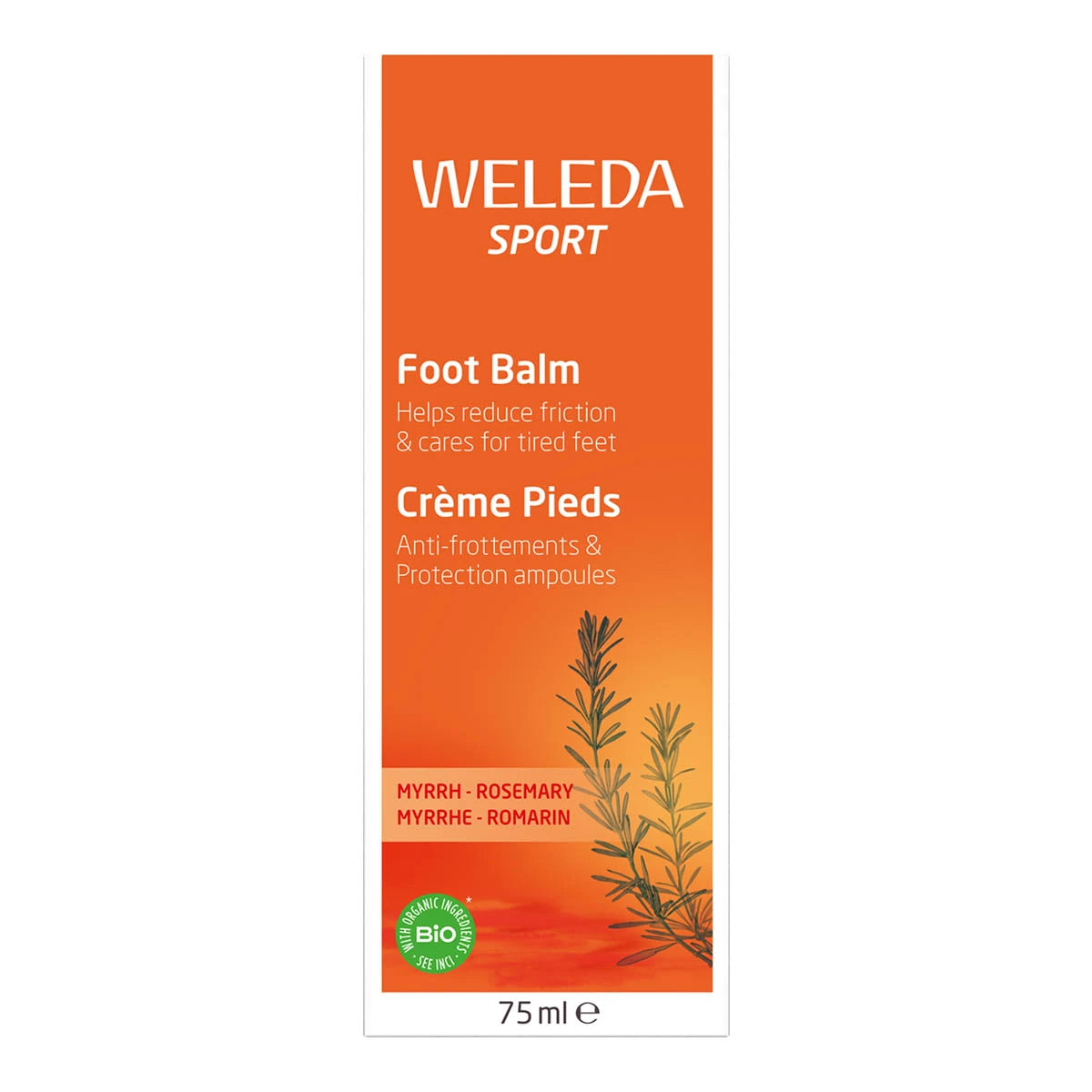 Weleda Sport Foot Balm 75ml orange outer carton with a rosemary illustration and the Weleda Sport logo on the front of the box
