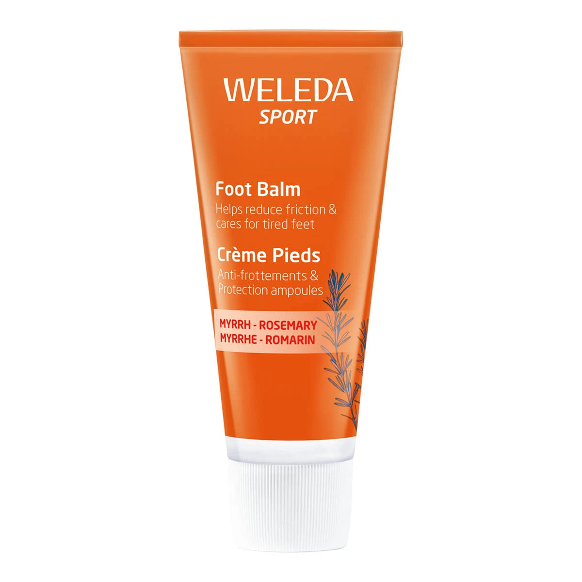 Weleda Sport Foot Balm 75ml in an orange tube with a rosemary sprig illustration, for refreshing and caring for tired, active feet
