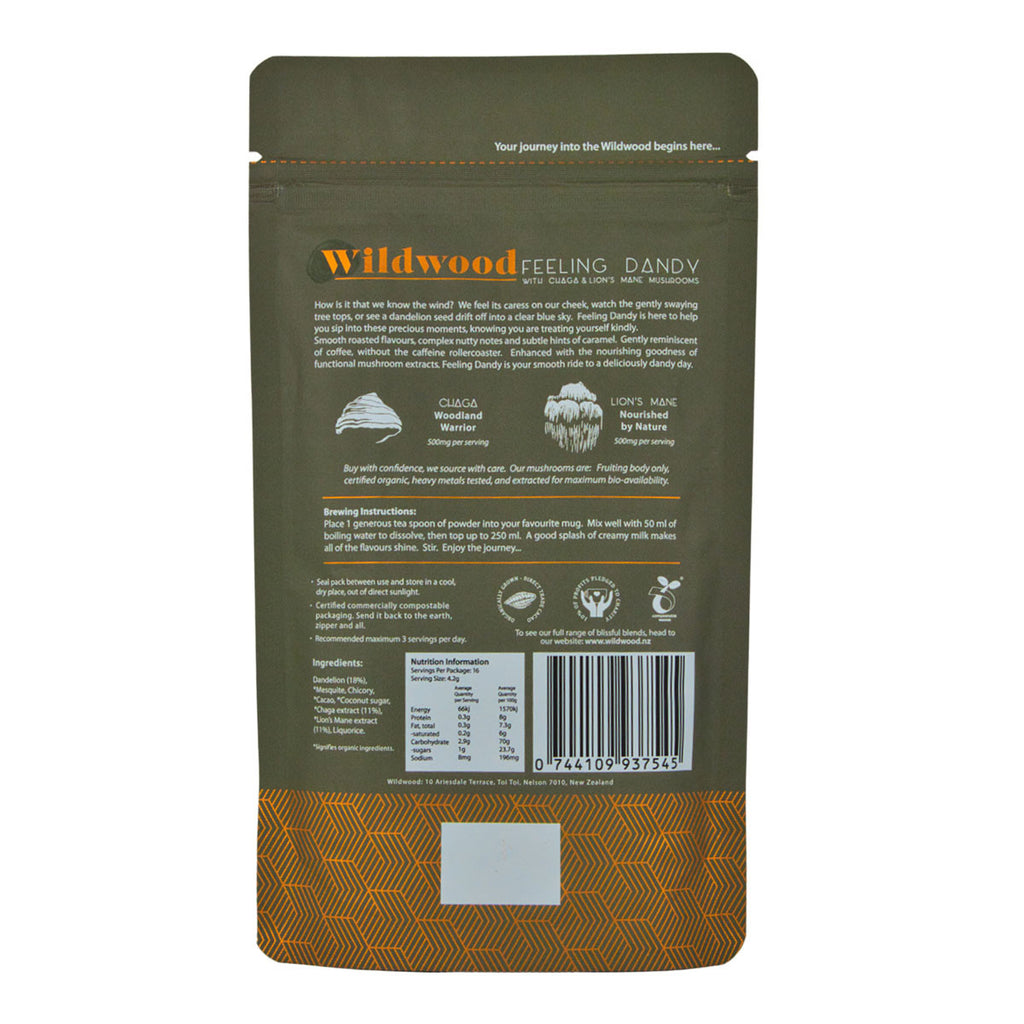 Green coffee package with branding and text on a white background