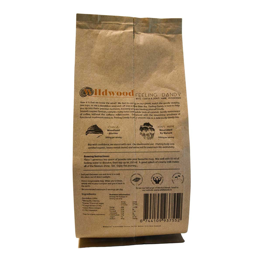Brown paper bag with text and branding on a white background