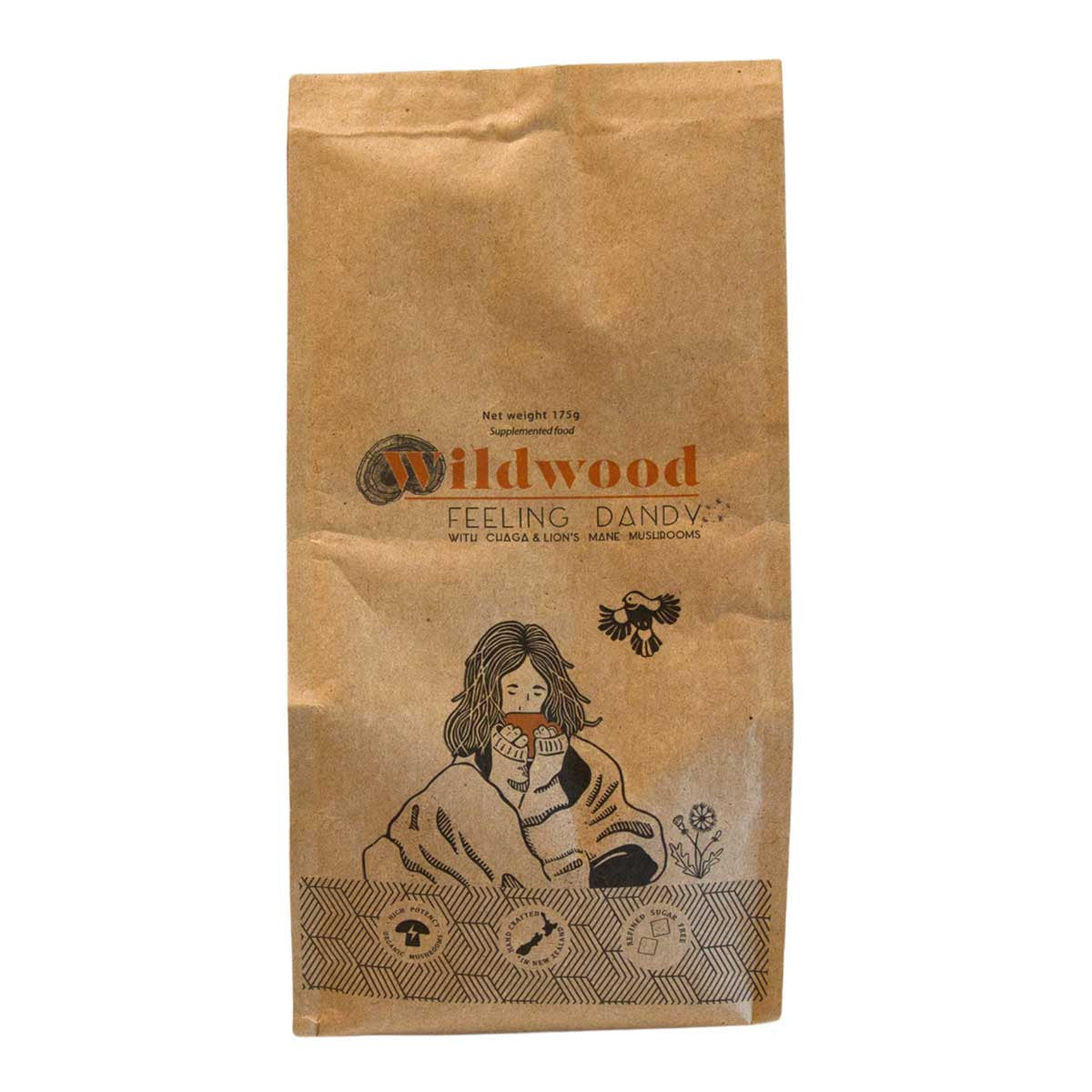Kraft paper coffee bag with 'Wildwood' branding and illustrations on a white background