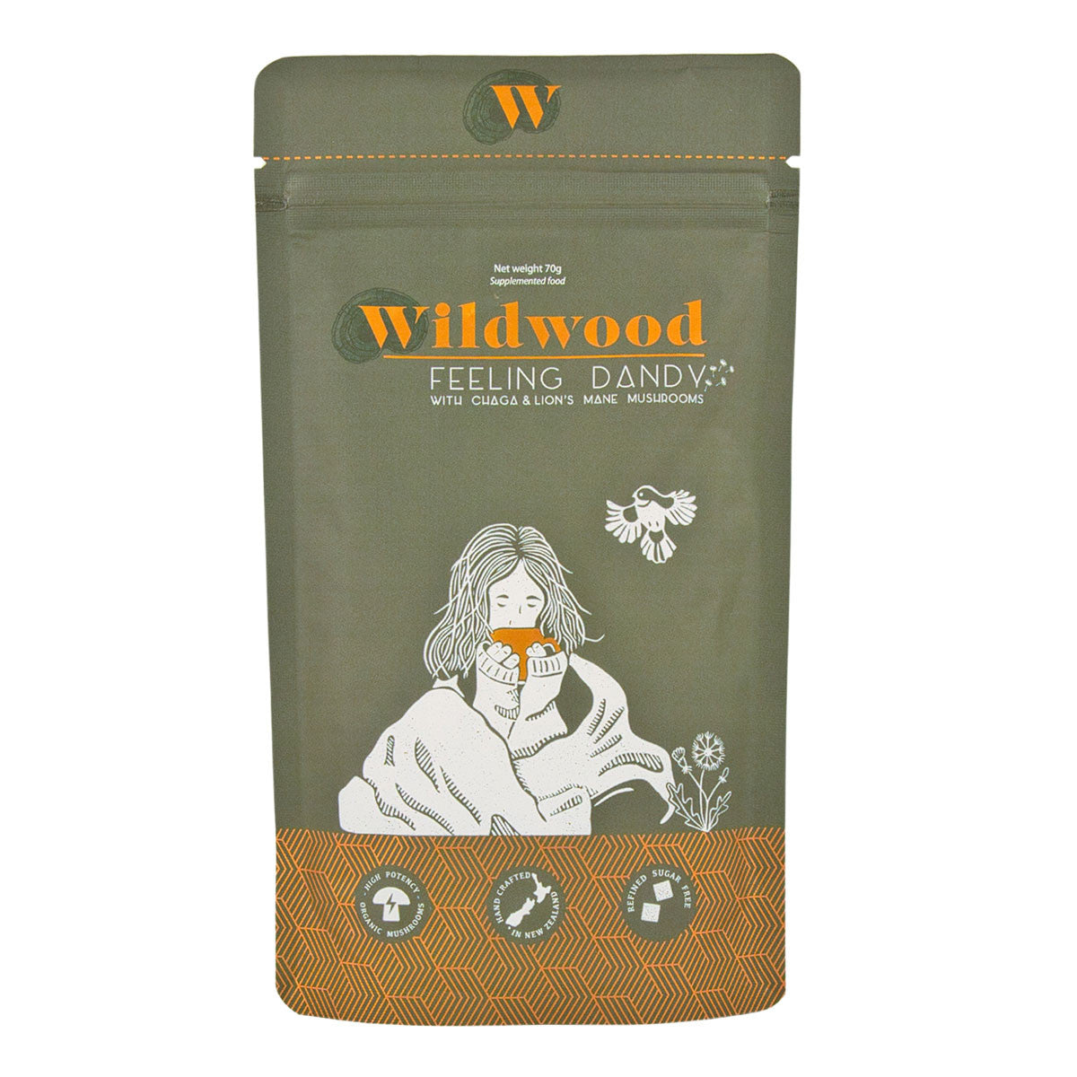 Green package of Wildwood mushroom product with illustrations and text on a white background