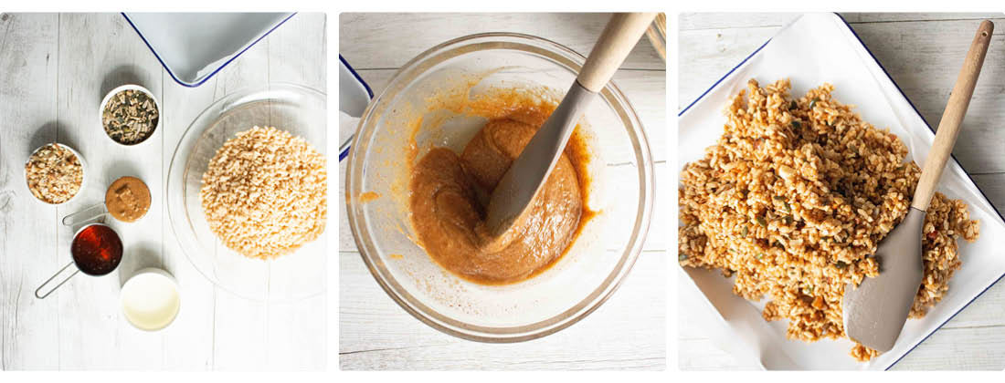 3 Images Showing Broken Down Process of Making Nutty Rice Crispy Treats