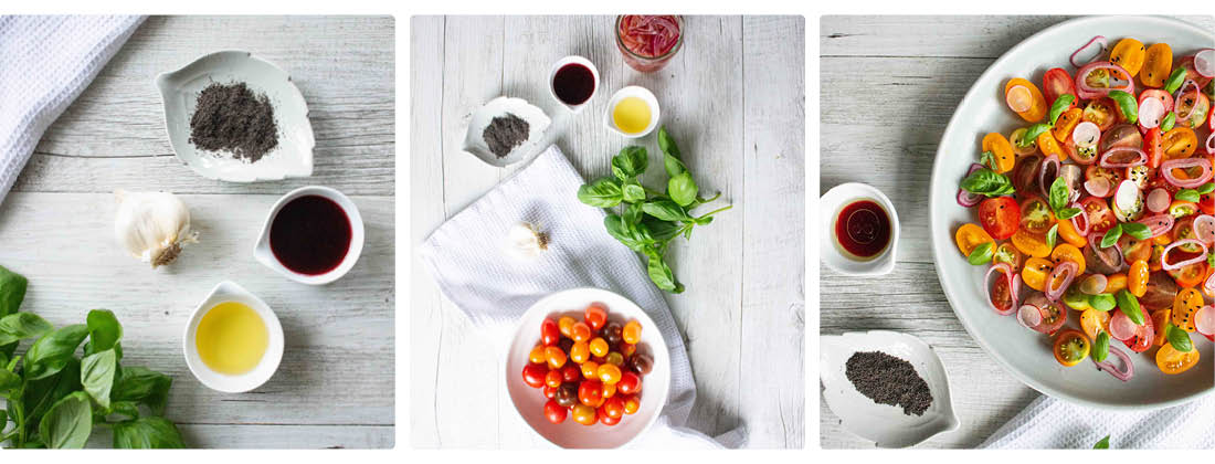 3 Images Showing How To Make Simple Summer Tomato Salad Using Elderberry Switchel