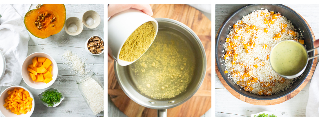3 step method of preparing Vegan fodmap friendly risotto