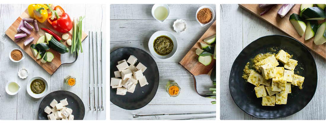 3 Step Process Of Making Barbeque Tofu Kebabs With Fermented Green Chilli and Lemongrass Marinade