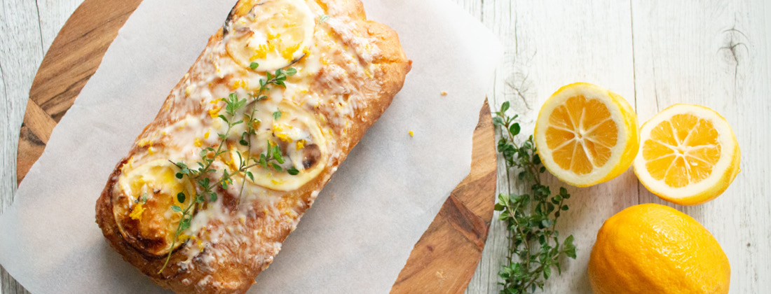 Aerial view of Gluten free coconut & lemon thyme collagen loaf ready to be served 