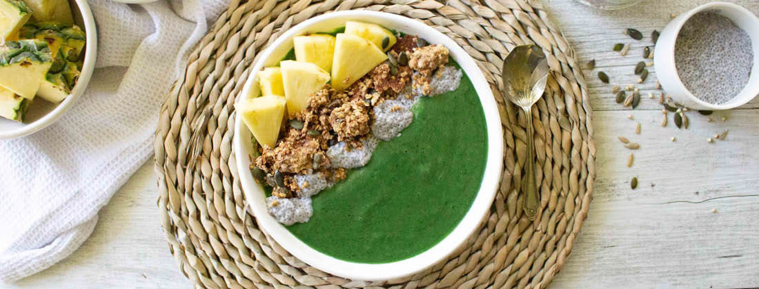 Aerial View of Green Smoothie Bowl With Oat Protein Crumb 