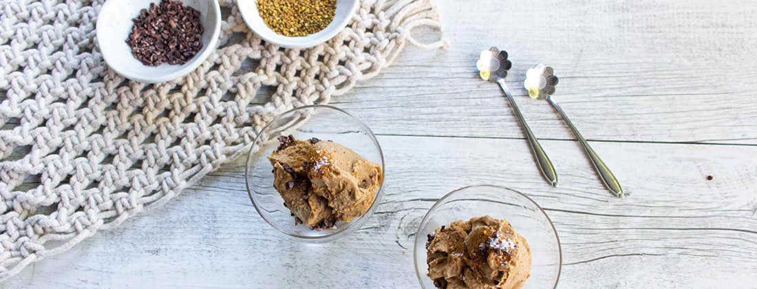 Aerial View of Salted Miso Caramel Gelato Served In Glass Bowl With Spoon