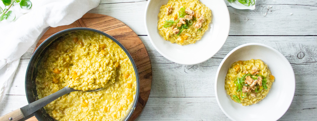 Aerial view of Vegan fodmap friendly risotto served in dishes 