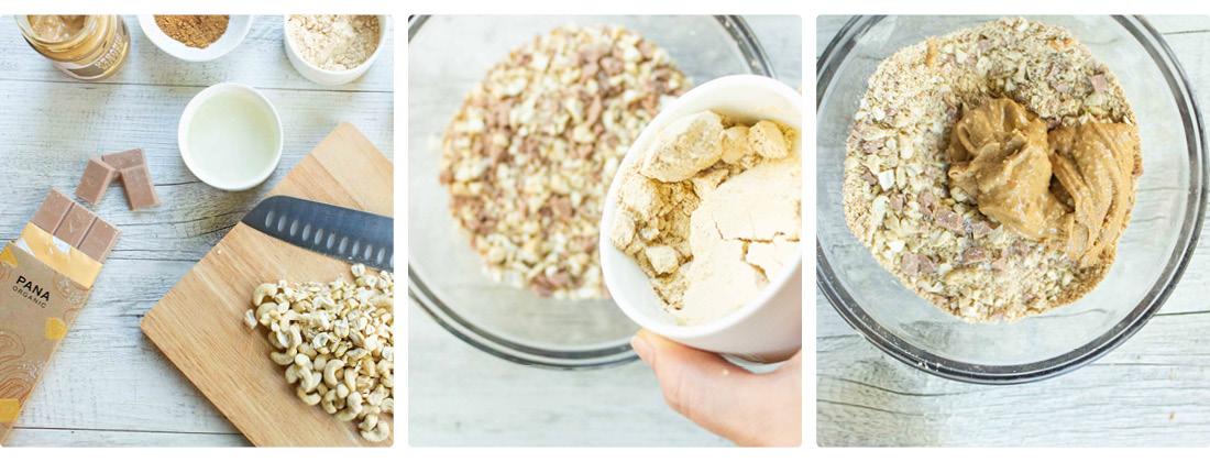 Chopped cashew nuts being combined with other ingredients