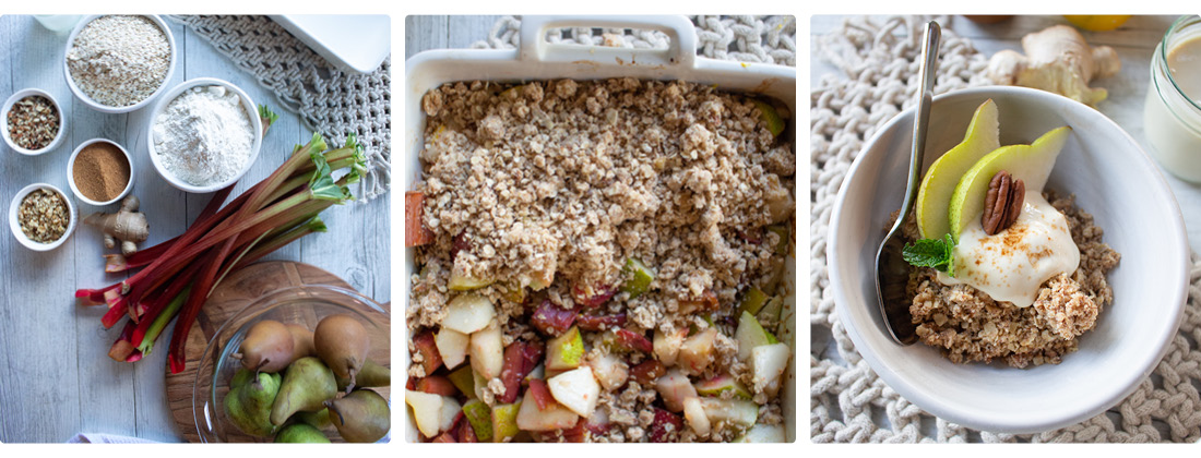 Three images showing steps of making Rhubarb, Pear and Ginger Crumble
