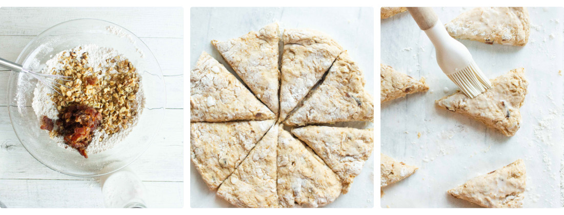 mix scone ingredients, shape and cut into 8 triangles